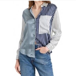 Rails Blue and White Striped Silk Blouse